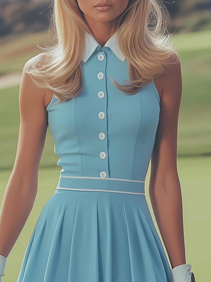 Elegant Sports White Button Detail Baby Blue Sleeveless Mini Dress