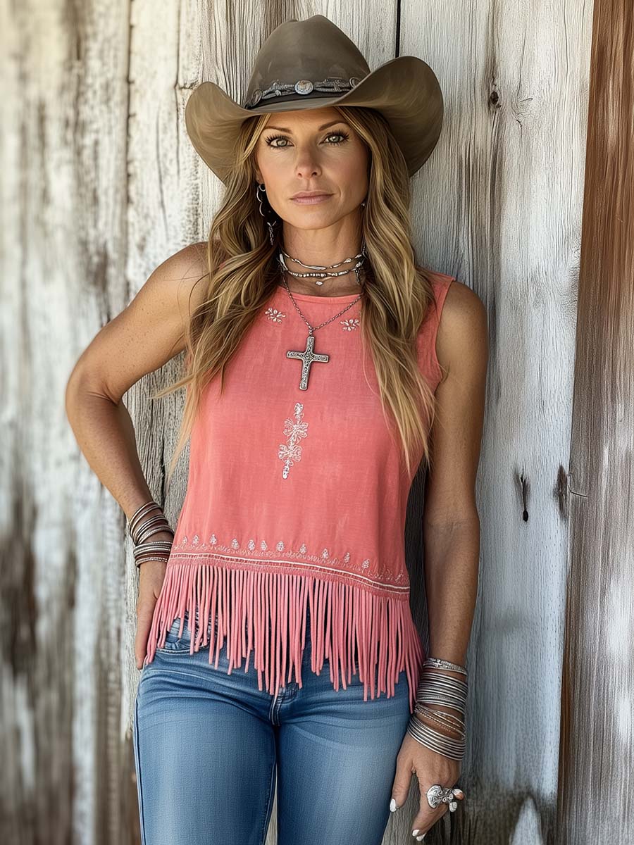 Fashionable Simple Western Embroidered Pink Tassel Vest