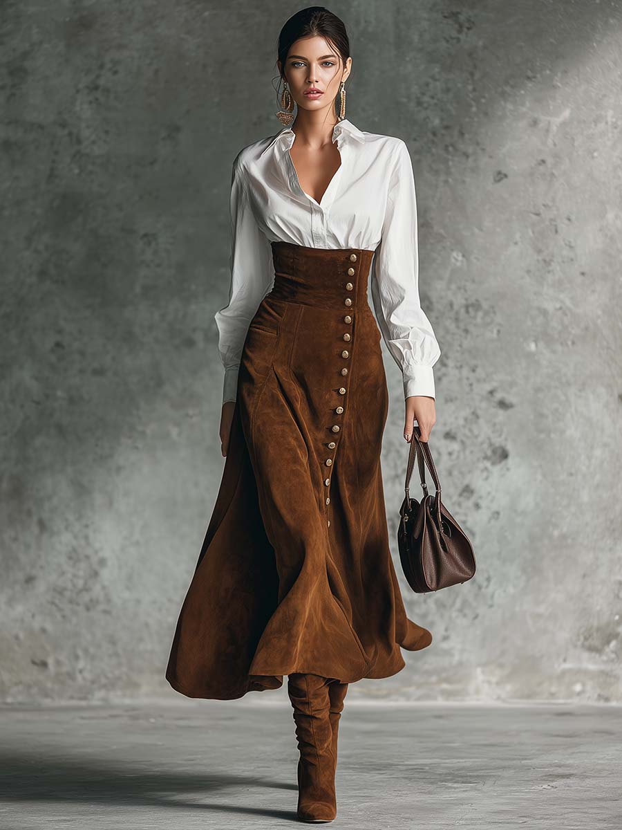 Vintage Versatile Exquisite Elegant Front Button Brown Suede High-waisted Skirt
