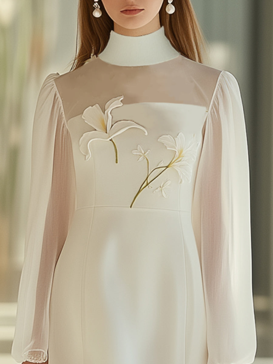 Fashionable and Charming White Half-high Collar See-through Collar Embroidered Puff Sleeve Mini Dress