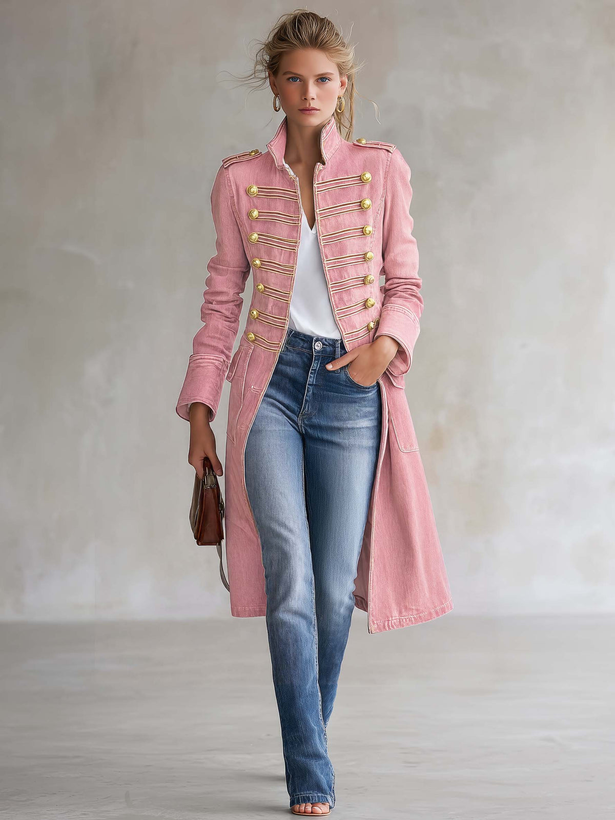 Vintage Washed Denim Military Officer Longline Gold-Button Fitted Statement Coat Women