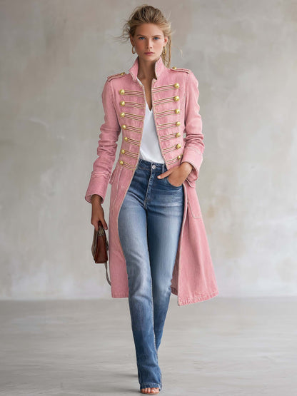 Vintage Washed Denim Military Officer Longline Gold-Button Fitted Statement Coat Women