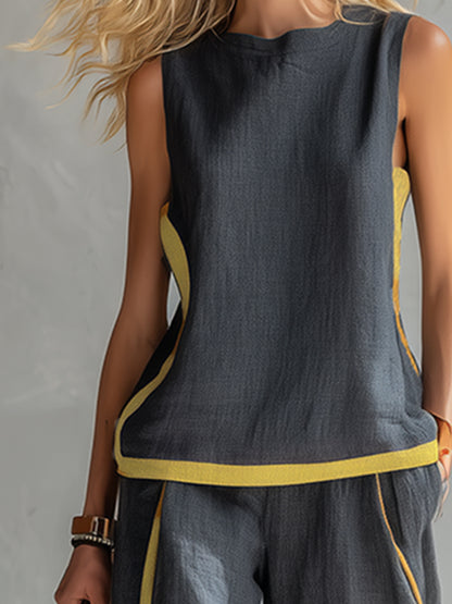 Elegant And Casual Two-tone Trim Gray Cotton And Linen Vest And Pants Set
