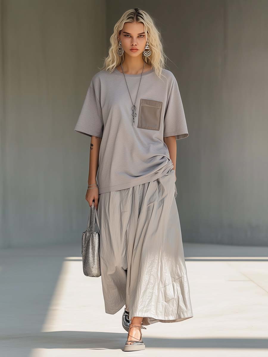 Loose Casual Grey Short-sleeved T-shirt and Extra Wide Trousers Set