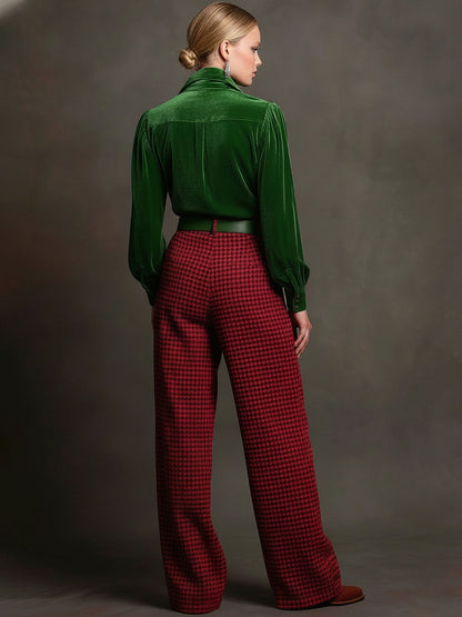 Retro Green Velvet Pleated Long-sleeved Shirt And Houndstooth Wide-leg Pants Set