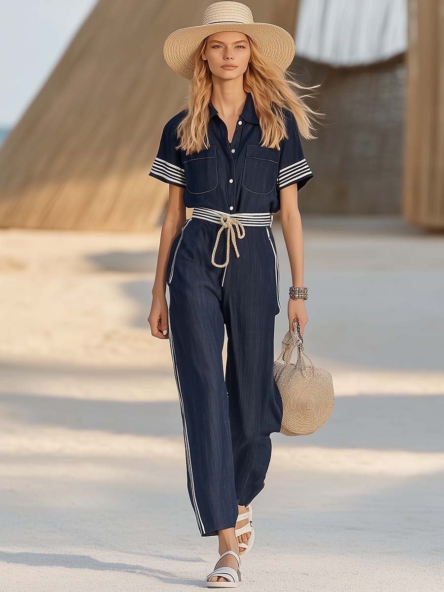 Elegant and Stylish Shirt Collar with Striped Trim Navy BlueJumpsuit