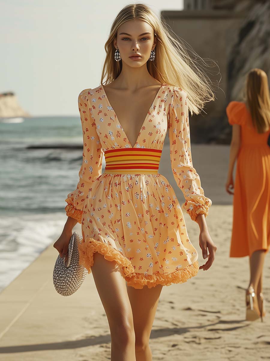 Fashionable and Energetic V-neck Floral Print Lace Edge Orange Mini Dress