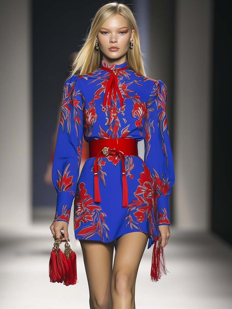 Fashionable Bright Red Floral Print Tassels Cobalt Blue Mini Dress