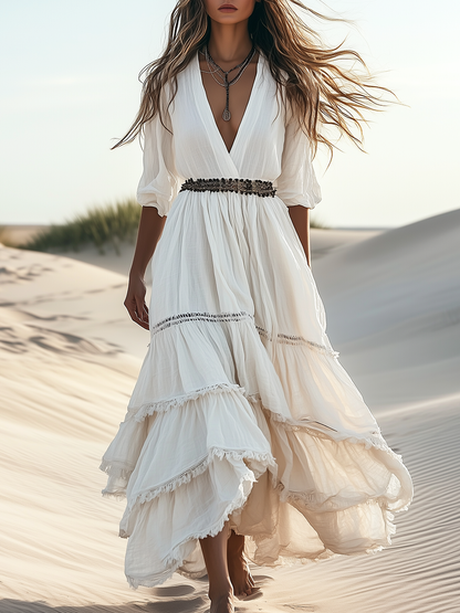 Boho V Neck Cotton And Linen Mid Sleeve Maxi Dress