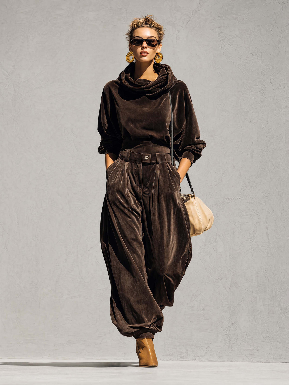 Vintage Sophisticated Casual Brown Velvet Hoodie And Loose Pants Set