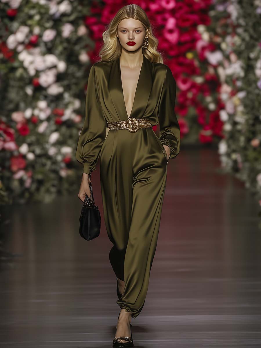 Elegant and Fashionable V-neck Belted Olive Green Satin Jumpsuit