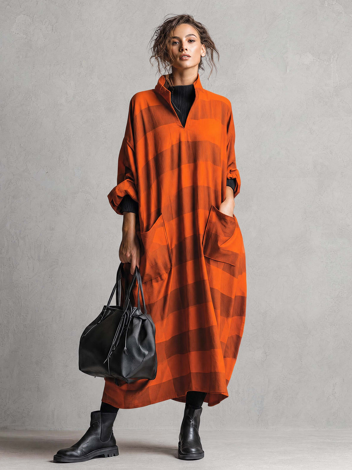 Vintage Fashion Ultra Loose V-neck Large Pockets Orange And Brown Wide Striped Maxi Dress