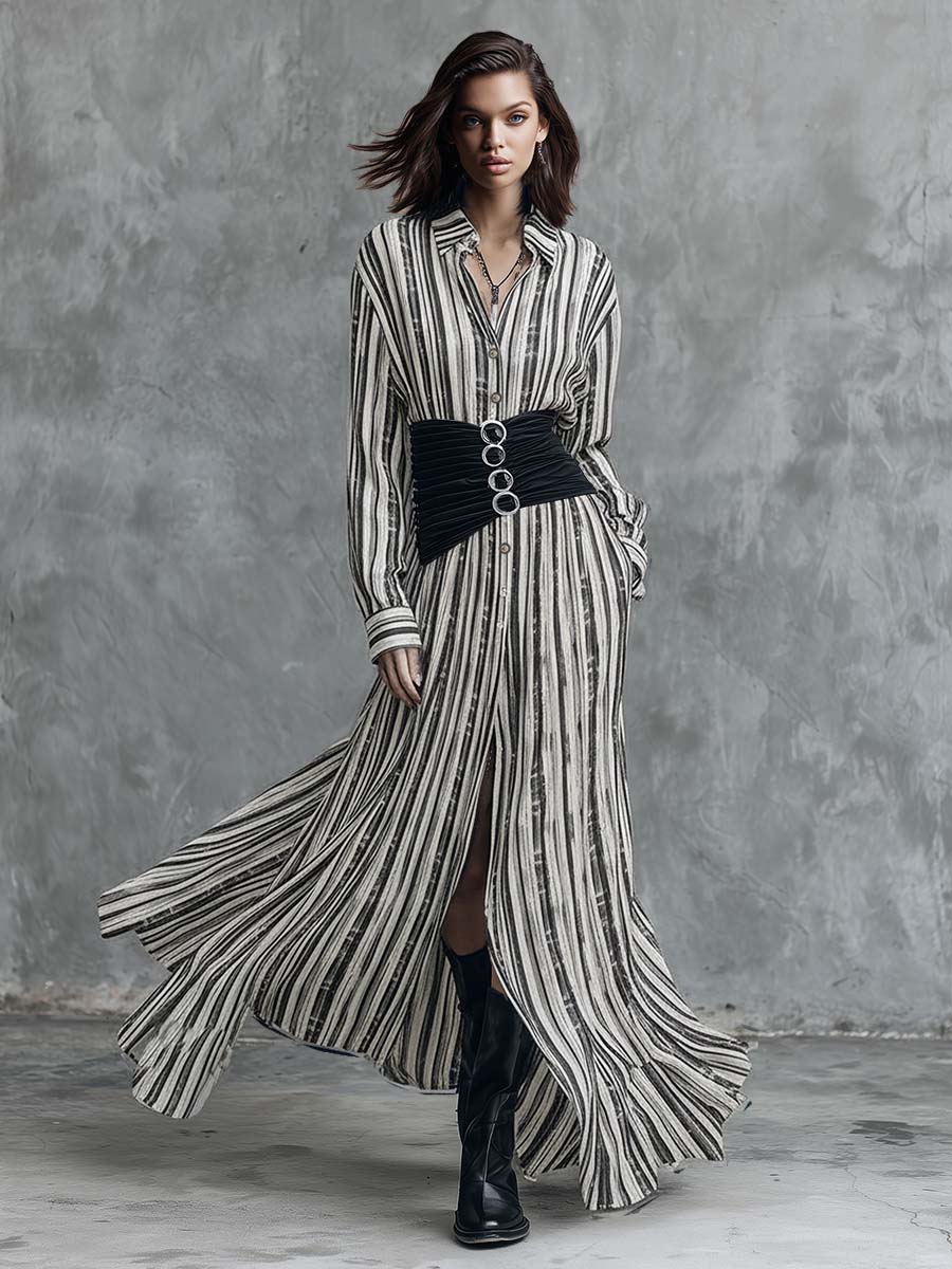 Retro Fashion Flowy Black And White Striped Chiffon Shirt Dress