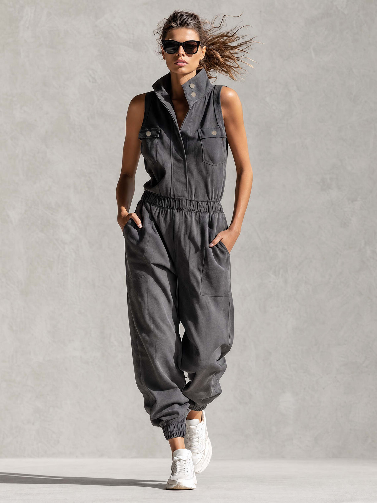 Stylish Simple Loose-fitting Sleeveless Stand-collar Front-buttoned Cotton Gray Jumpsuit