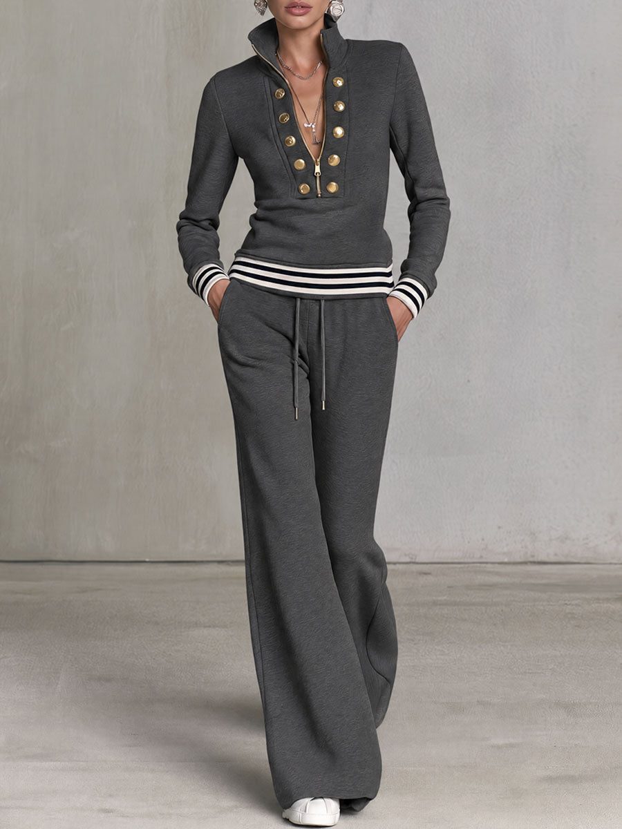 Fashionable Sporty Grey Half-zip Button Sweatshirt And Wide-leg Pants Set
