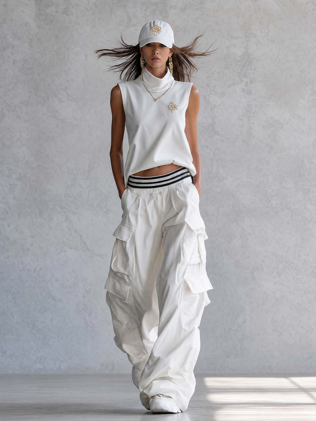 Exquisite Fashion Athletic Workwear Style White Cotton Sleeveless Top With A Mock Neck And  Pants Set