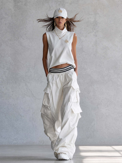 Exquisite Fashion Athletic Workwear Style White Cotton Sleeveless Top With A Mock Neck And  Pants Set