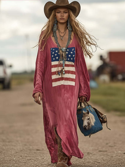 Vintage Casual Western Long Sleeve Flag Print Pink Cotton Loose Maxi Dress