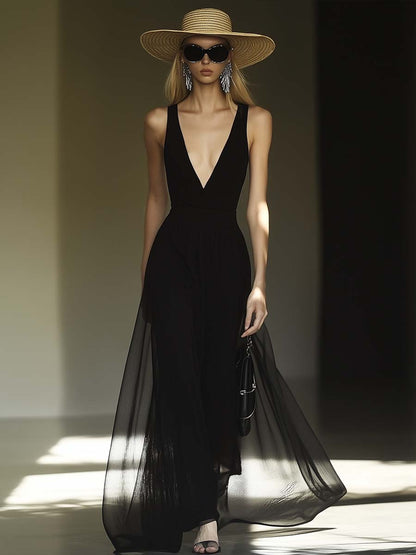 Elegant V-neck Sleeveless Outer Tulle Black Maxi Dress