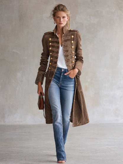 Vintage Washed Denim Military Officer Longline Gold-Button Fitted Statement Coat Women