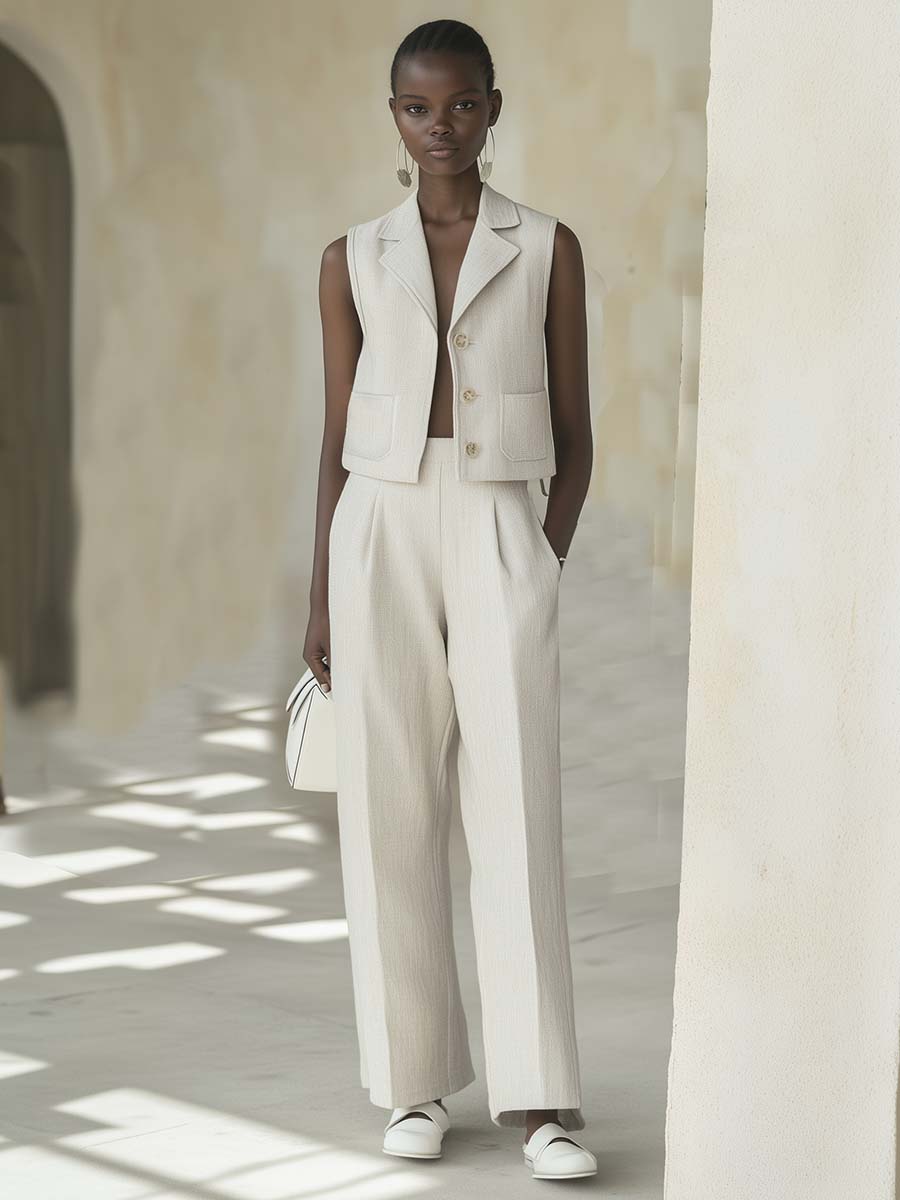 Elegant Light Off-White Linen Sleeveless Jacket and Pants Set