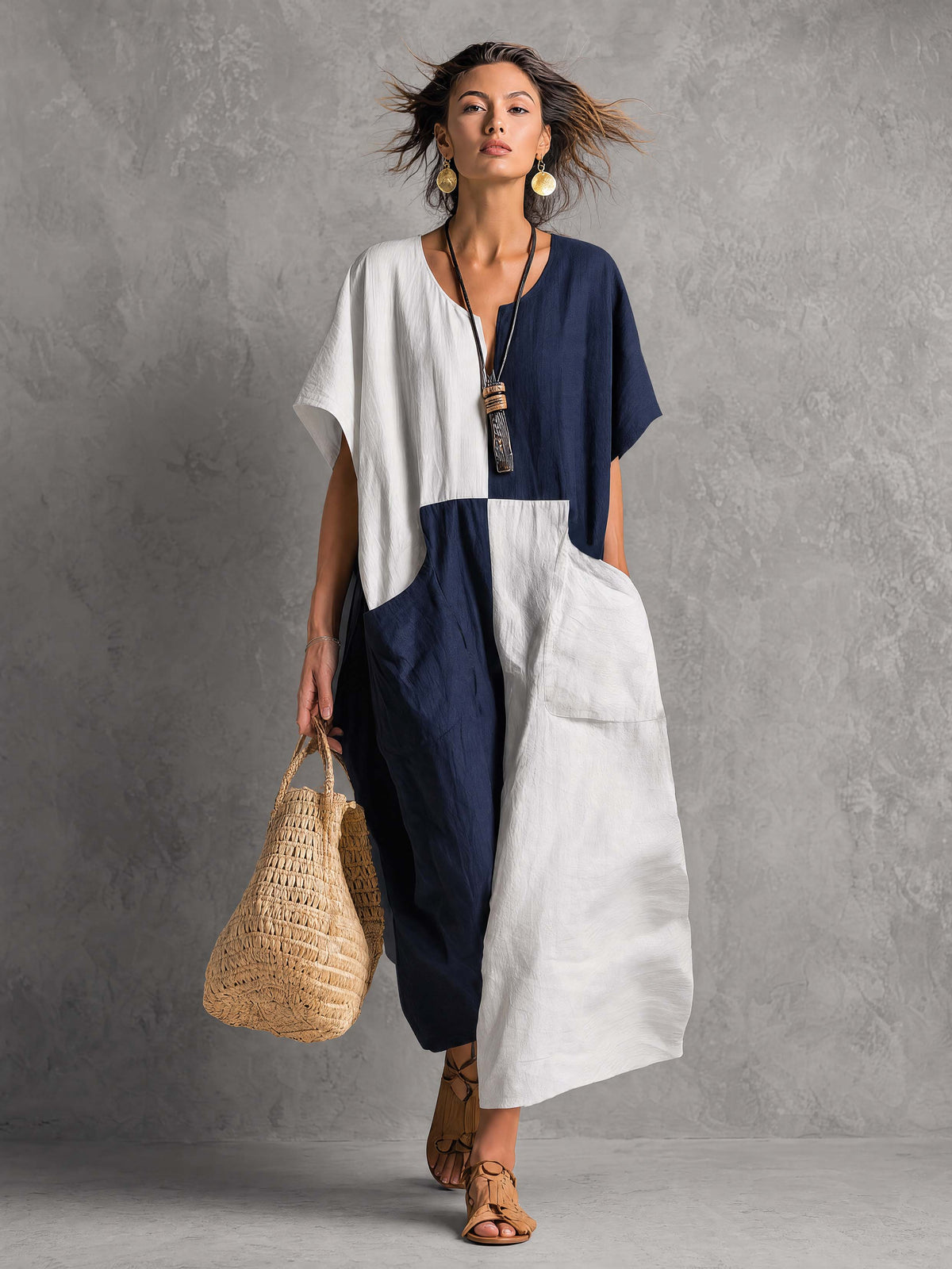 Retro White And Blue Color Blocked Cotton And Linen Short Sleeved Midi Dress