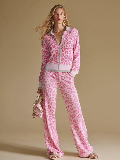 Elegant And Retro Color-blocked Leopard Print Knitted Top And Pants Set.