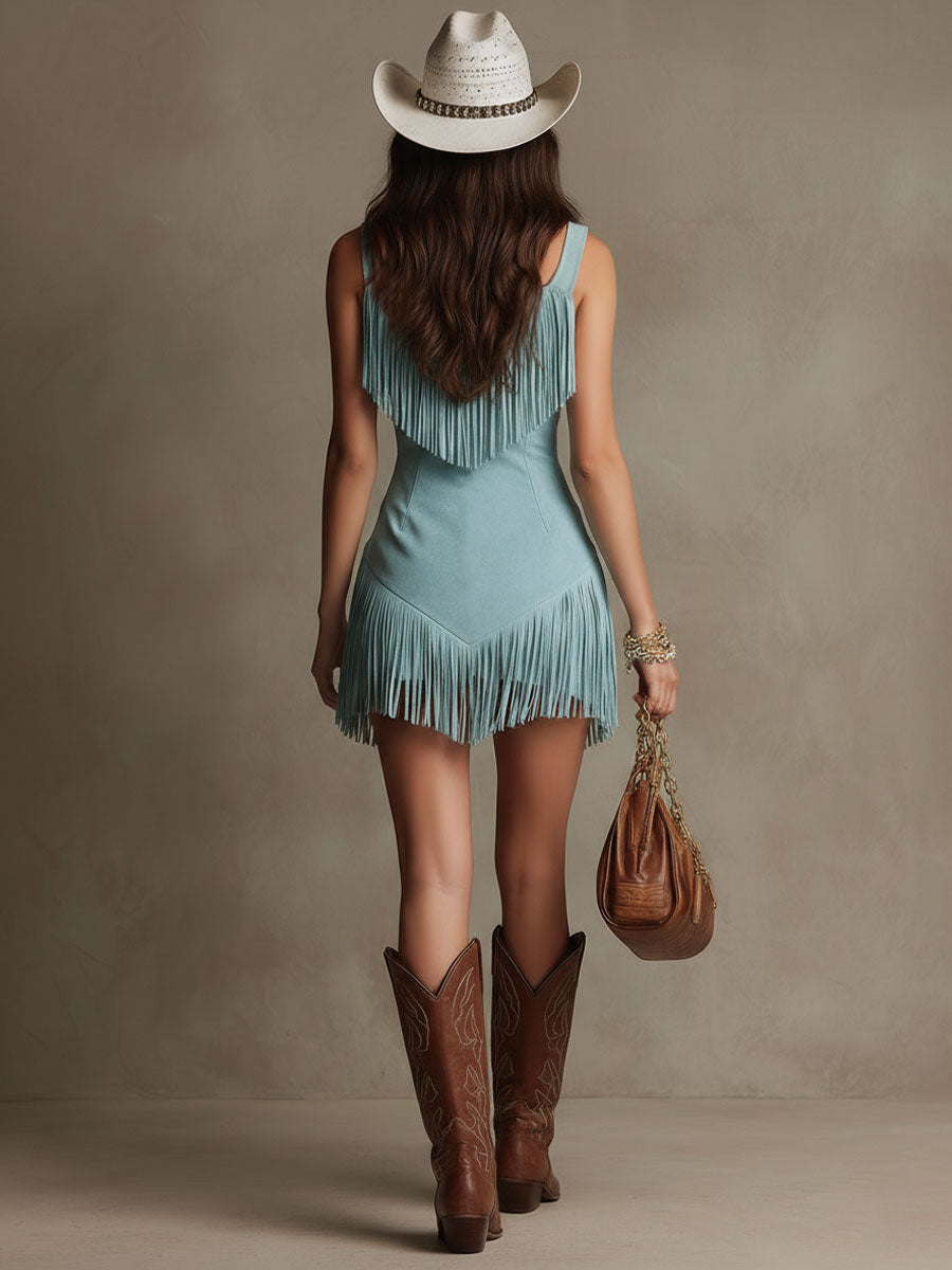 Western Retro Light Blue Faux Suede Sleeveless Tassel Mini Dress