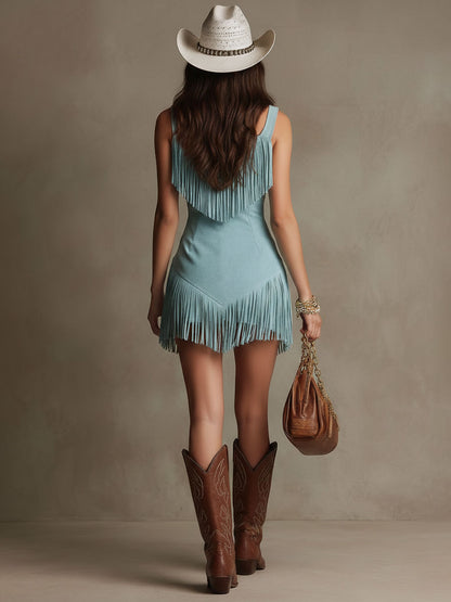 Western Retro Light Blue Faux Suede Sleeveless Tassel Mini Dress