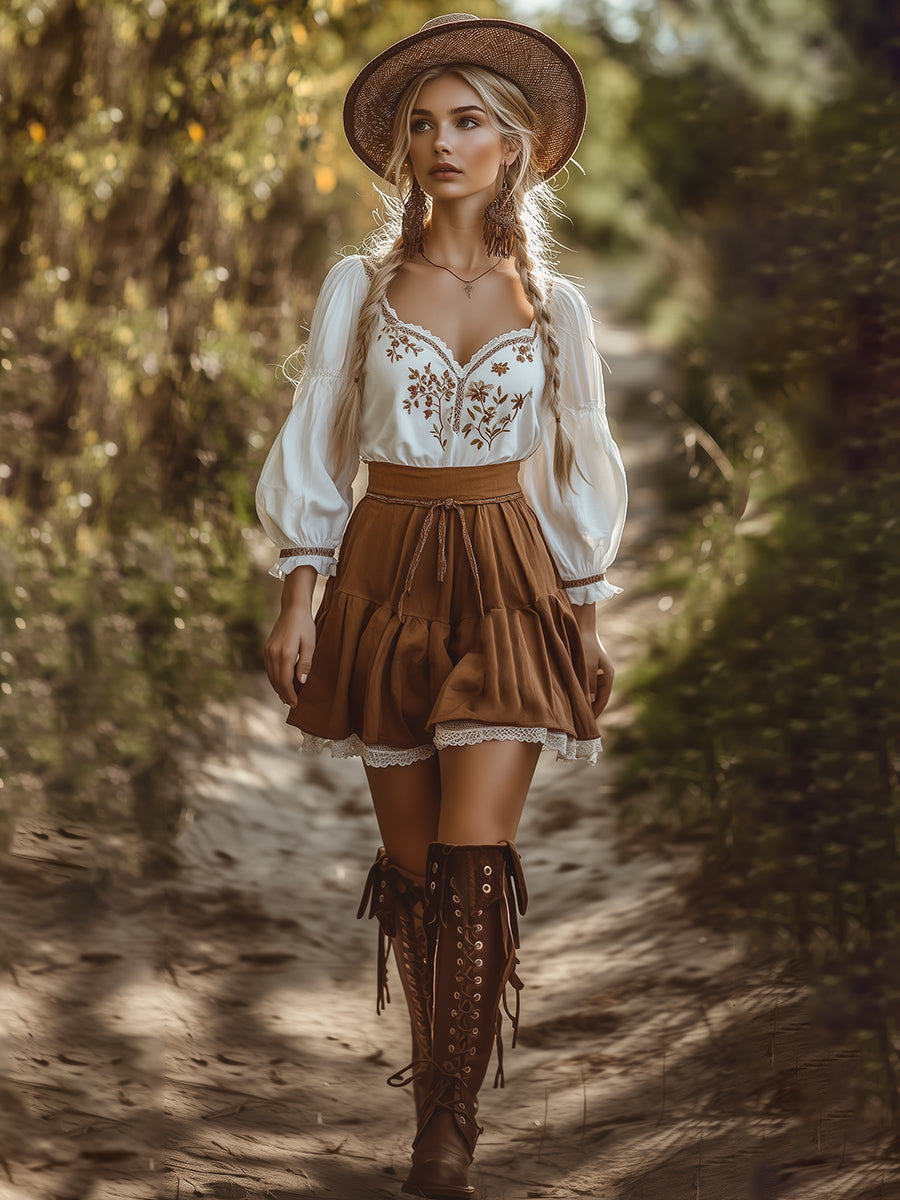 Elegant And Fashionable Bohemian Flower Embroidered Shirt Skirt Set