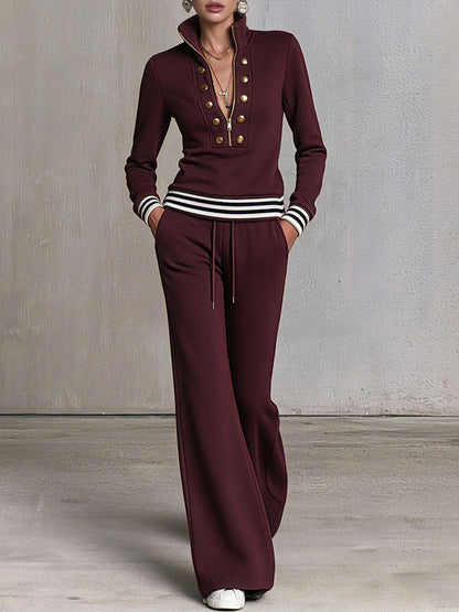 Fashionable Sporty Grey Half-zip Button Sweatshirt And Wide-leg Pants Set