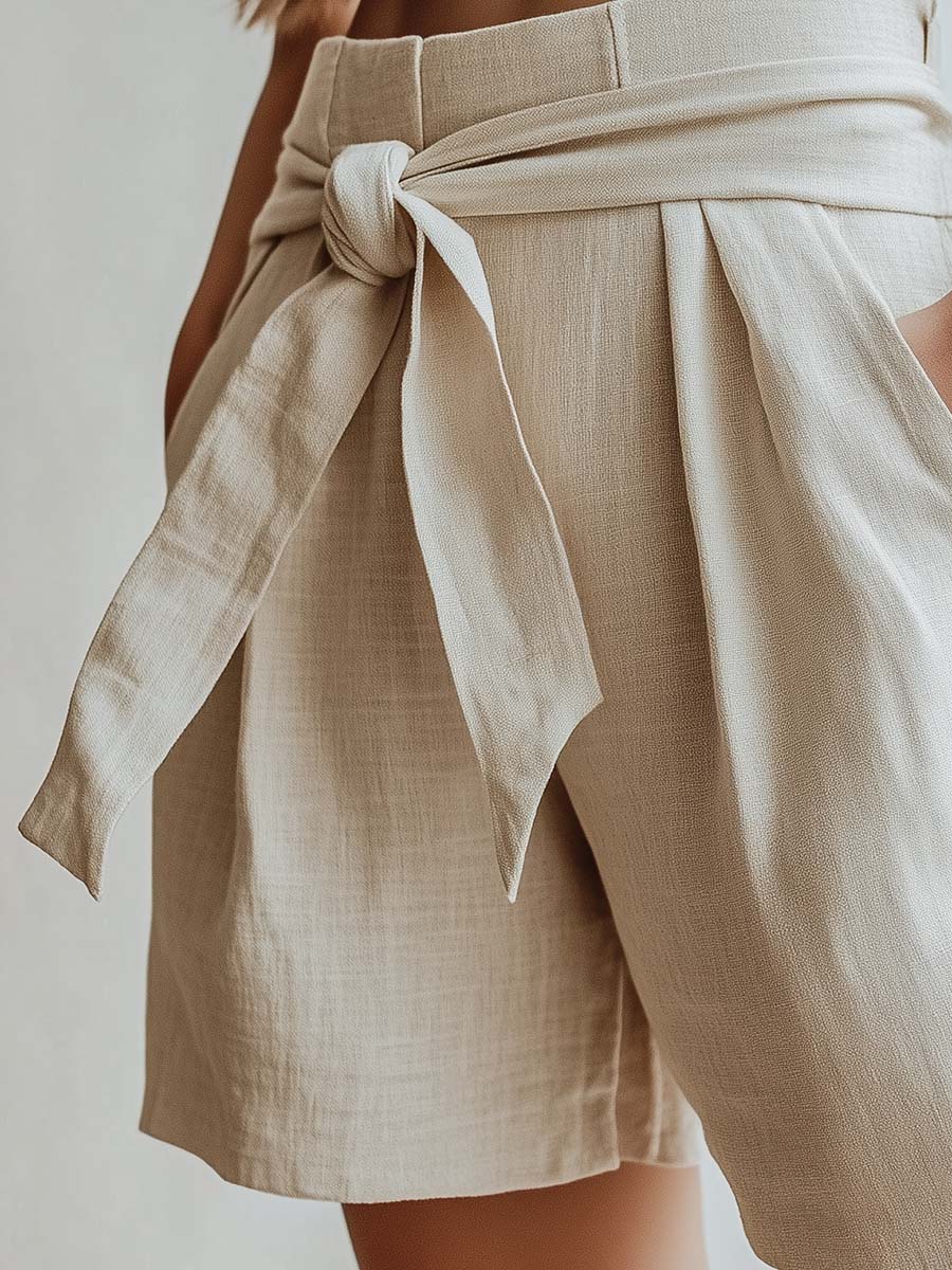 Easy-going Waist-tied Off-white Linen Shorts