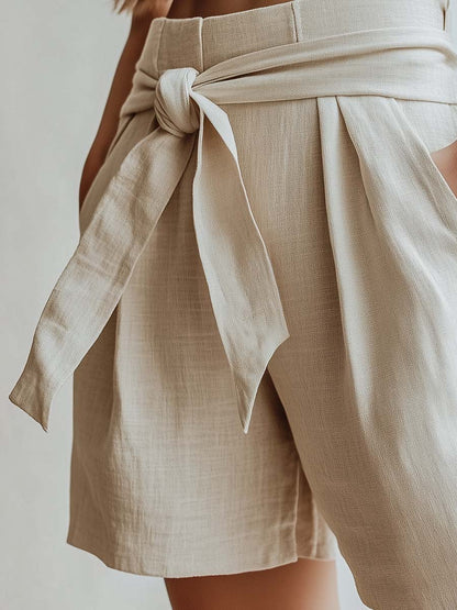 Easy-going Waist-tied Off-white Linen Shorts