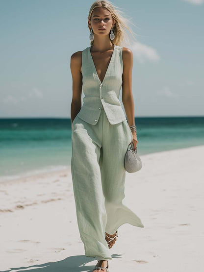 Easy and Stylish Light Green Linen Vest and Trousers Set