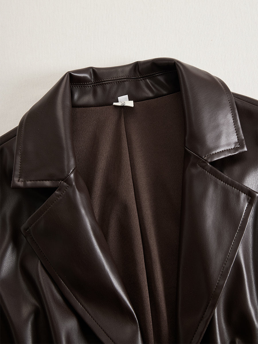 Retro High-end Brown-red Imitation Leather Stitching Lace Long-sleeved Maxi Dress