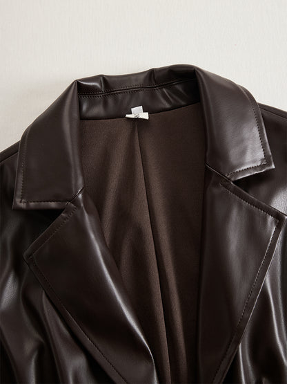 Retro High-end Brown-red Imitation Leather Stitching Lace Long-sleeved Maxi Dress