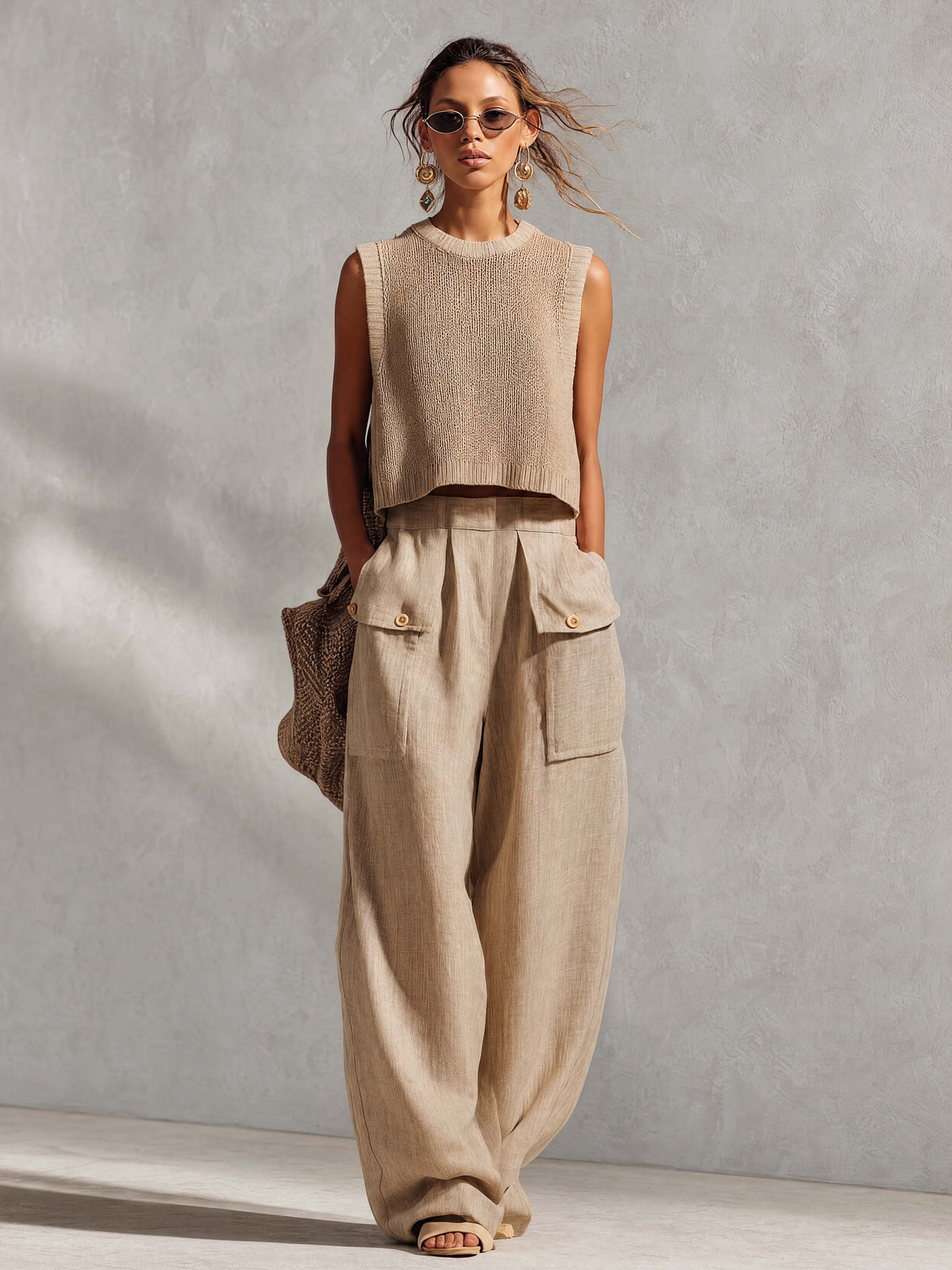 Casual Breathable Urban Style Beige Knitted Top And Cotton Pants Set