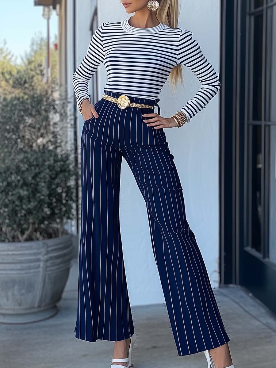 Elegant and Versatile White Striped Metal Waist Chain Navy Blue Pants