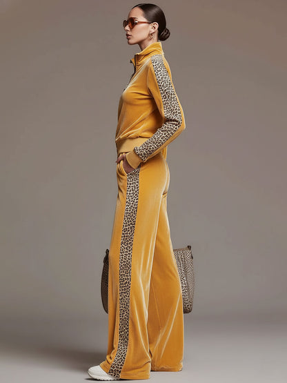Casual Sporty Retro Leopard Print Trim Yellow Velvet Sweatshirt Wide-Leg Pants Set