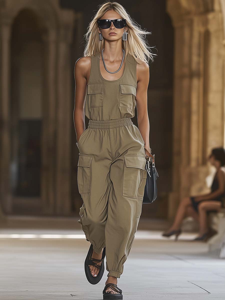 Fashion Casual V-neck Sleeveless Khaki Overalls Jumpsuit