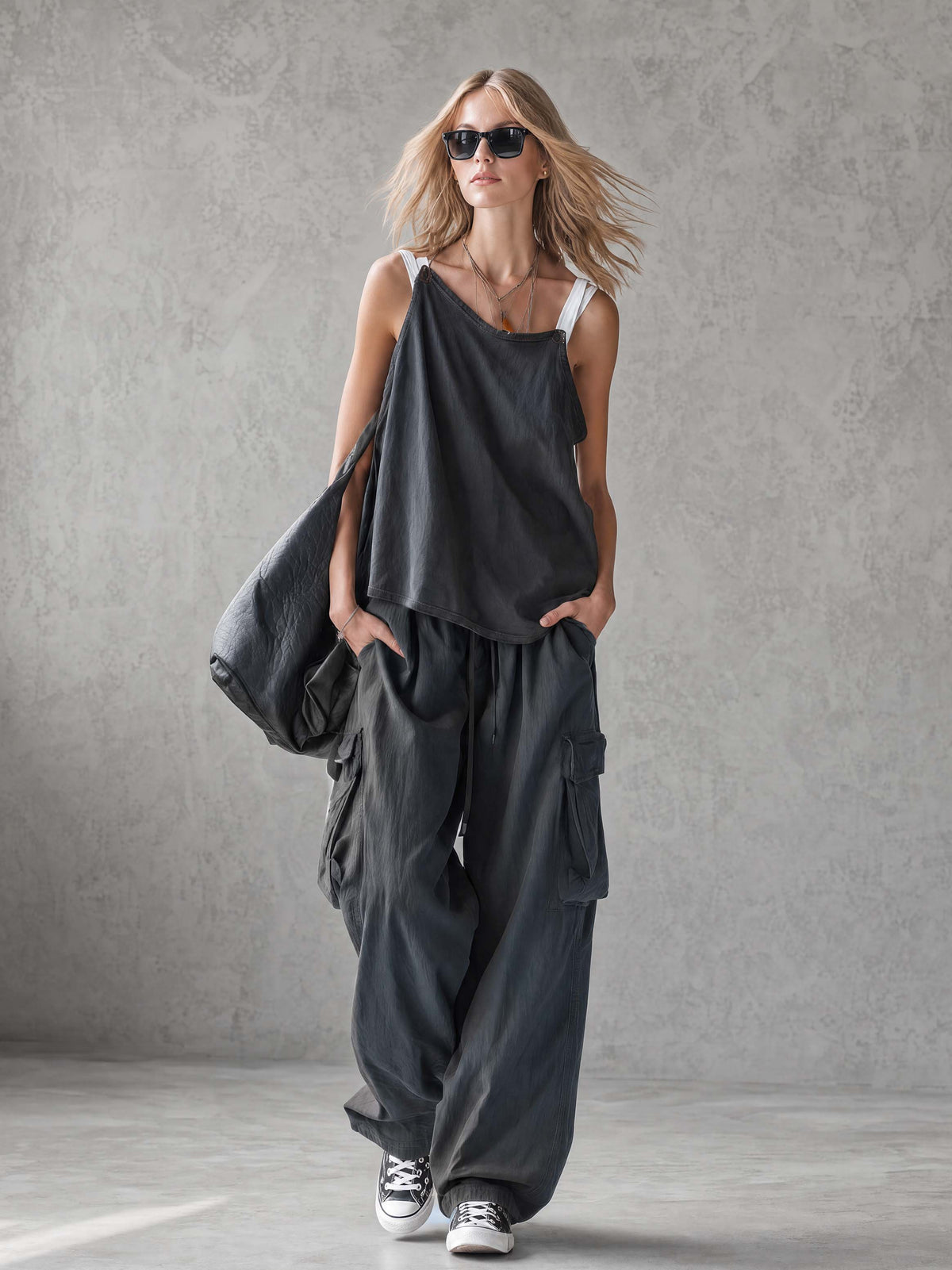 Exquisite Casual Workwear-inspired Dark Blue Cotton Off-the-shoulder Tank Top And Pants Set