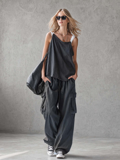 Exquisite Casual Workwear-inspired Dark Blue Cotton Off-the-shoulder Tank Top And Pants Set