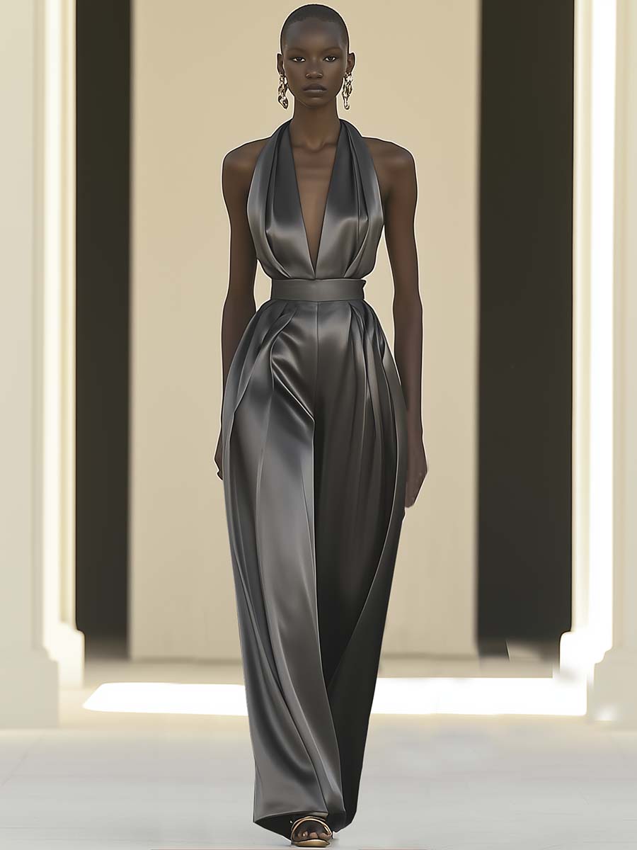 Elegant Halterneck V-neck Grey Satin Jumpsuit