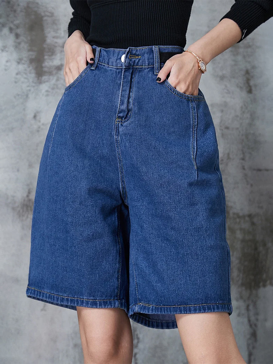 Casual And Fashionable Dark Blue Denim Midi Shorts