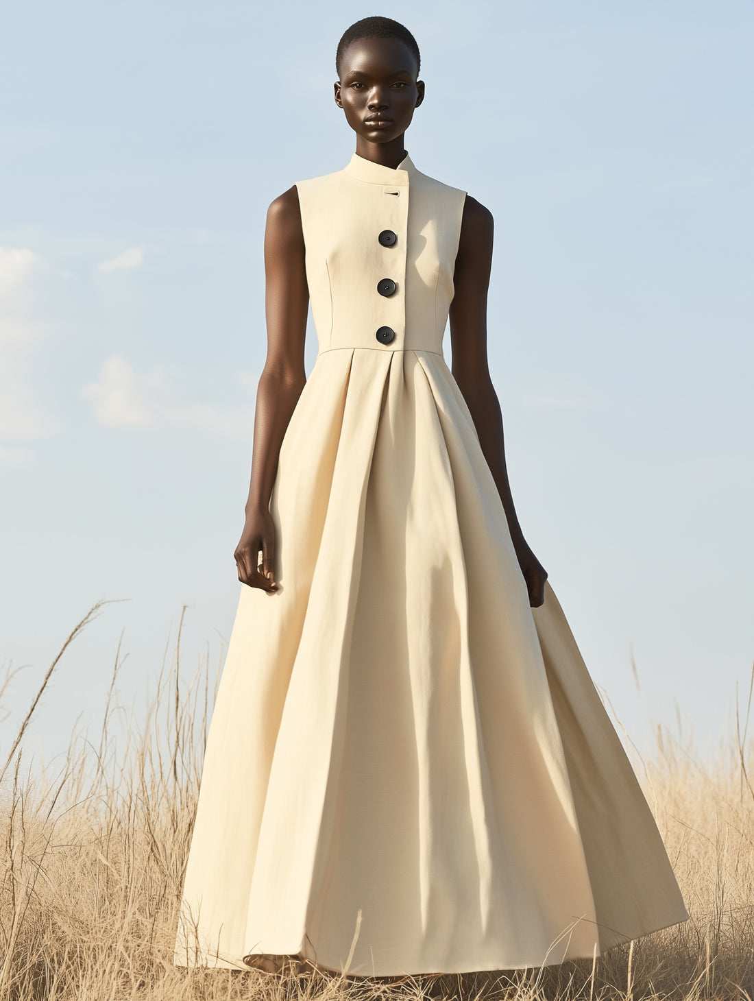 Elegant and Simple Black Button Stand Collar Sleeveless Maxi Dress