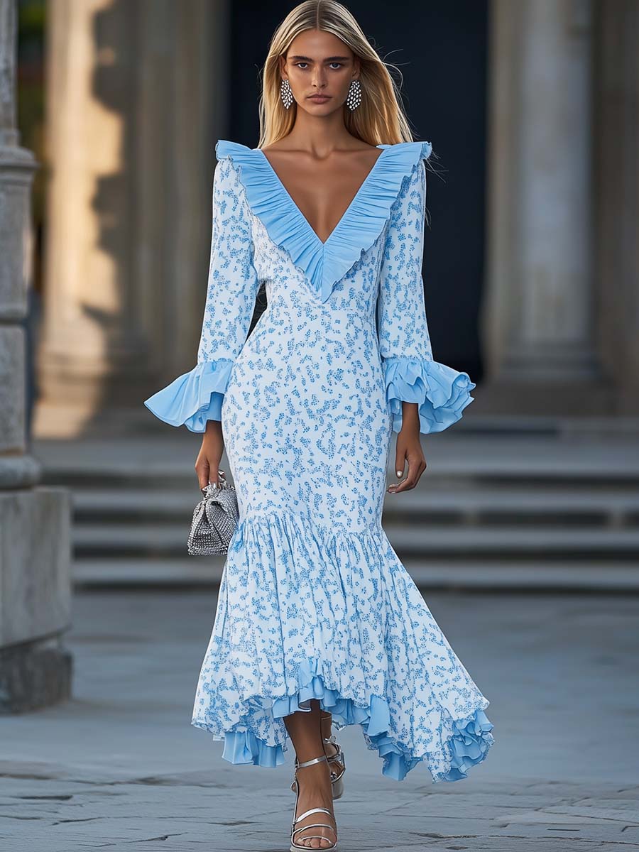 Elegant and Personalized Lotus Leaf V-neck Floral Print Blue Maxi Dress