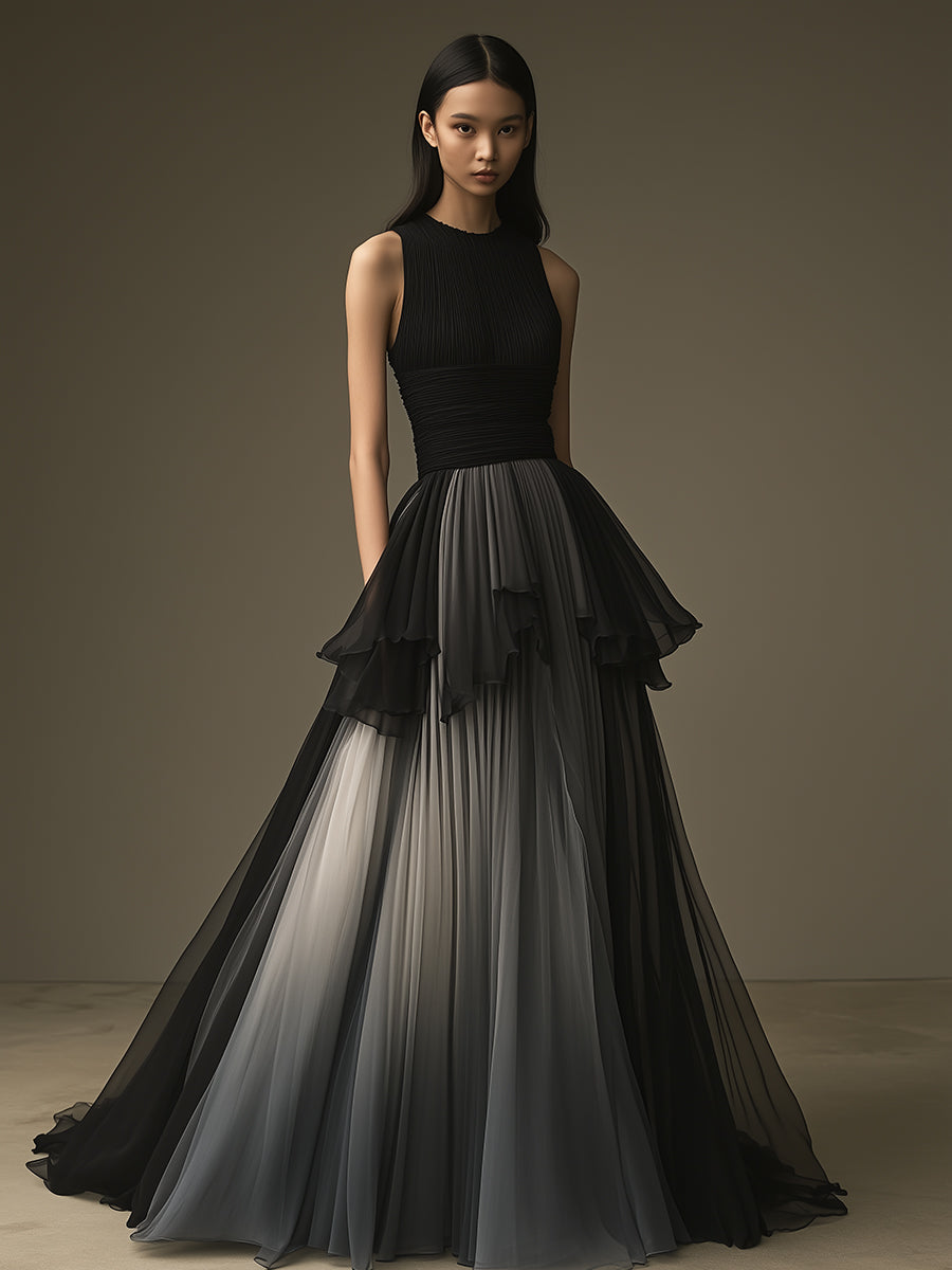 High-end Elegant Black and Grey Gradient Sleeveless Maxi Dress