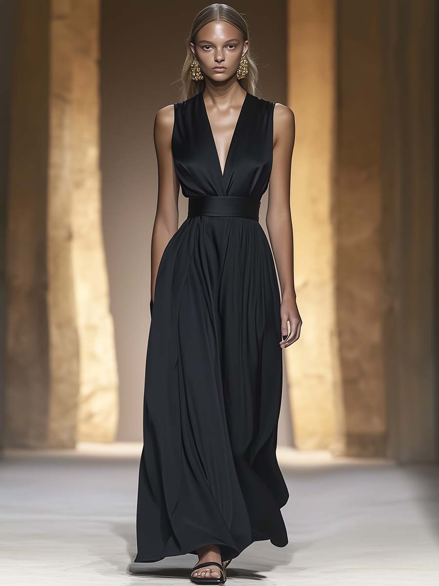 Elegant Simple and Generous V-neck Black Satin Jumpsuit