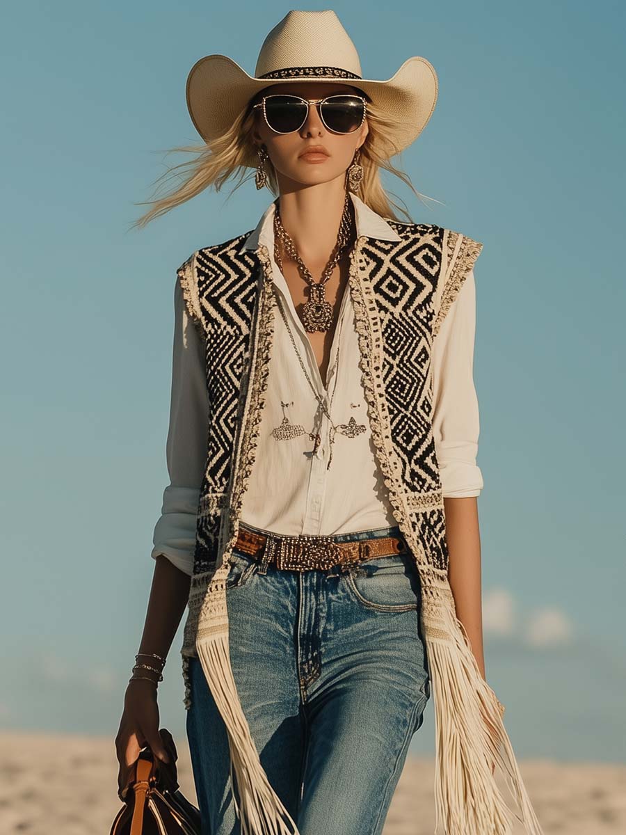 Retro Fashion Geometric Pattern Tassel Long Crochet Vest