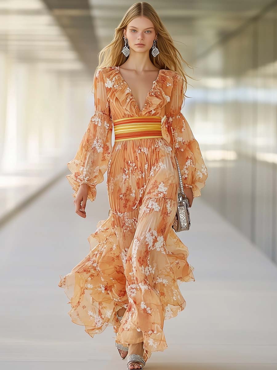 Fashionable and Elegant Lotus Leaf V-neck Floral Print Orange Maxi Dress